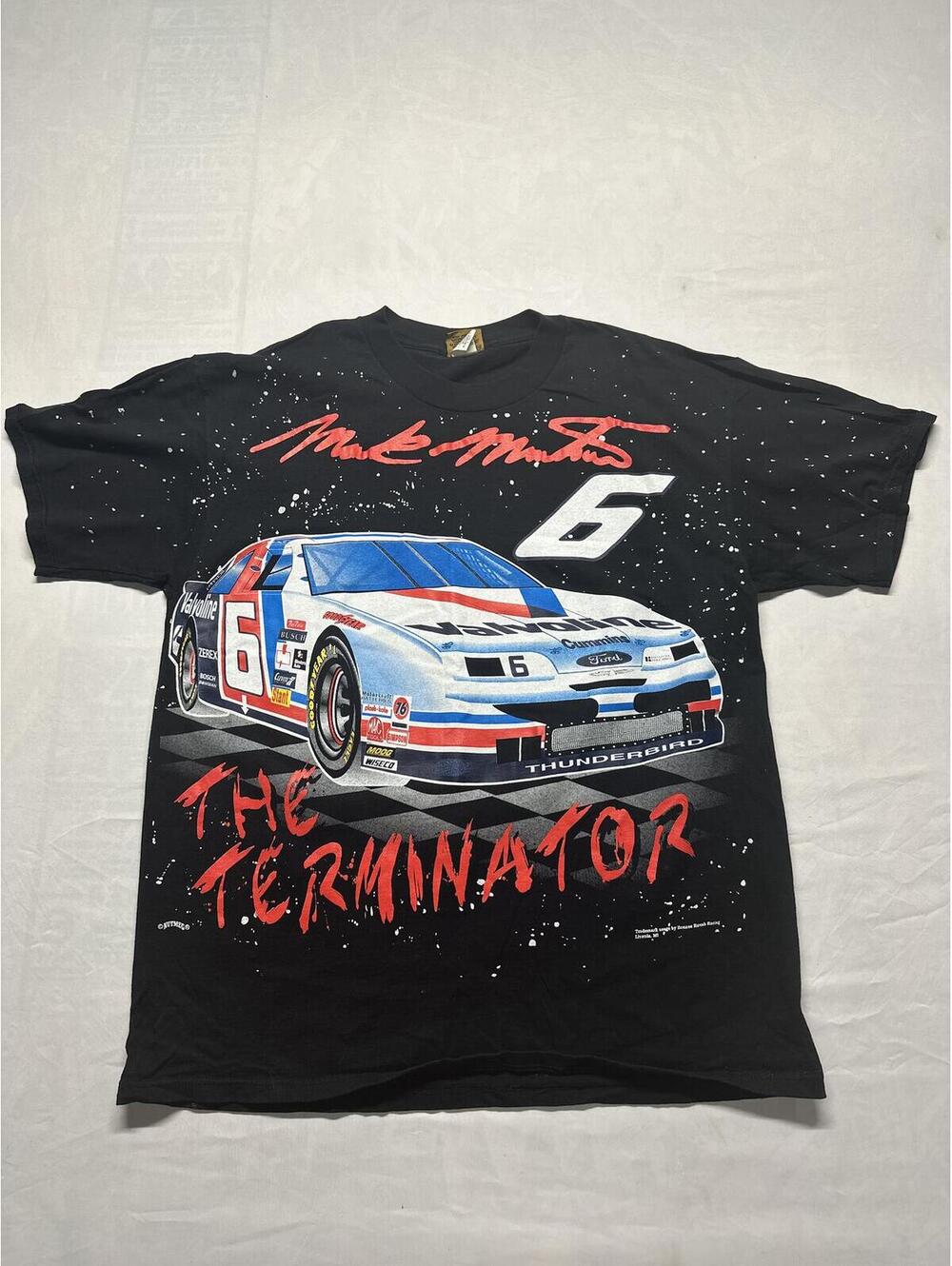 Vtg 90s Mark Martin THE TERMINATOR NASCAR AOP T-Shirt XXL Nutmeg Mills